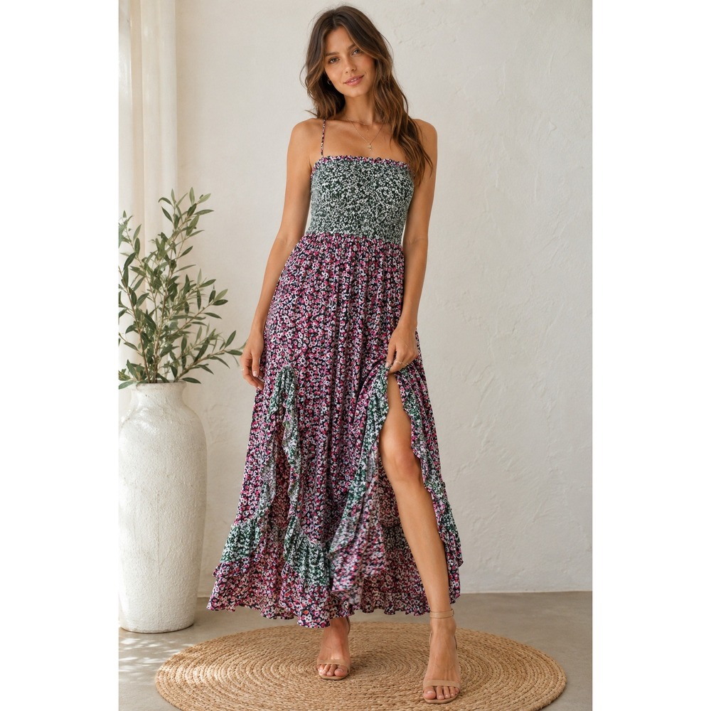 Free People Smocked Floral Maxi Dress Pink Green Boho Ruffle Tiered Medium - Picture 1 of 12